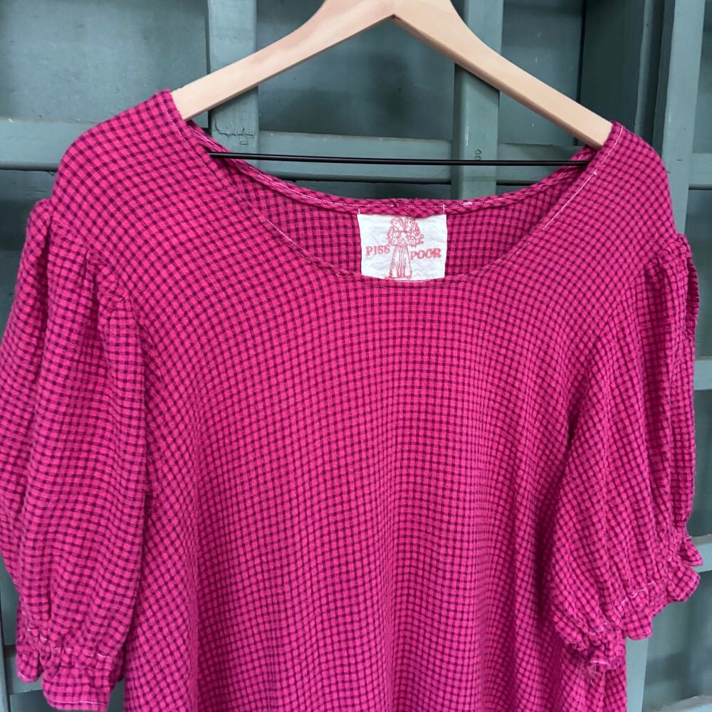 Fuchsia Gingham Oversized Babydoll Dress Puff Sleeve Ruffle Mini Cottage Indie M - Picture 3 of 6